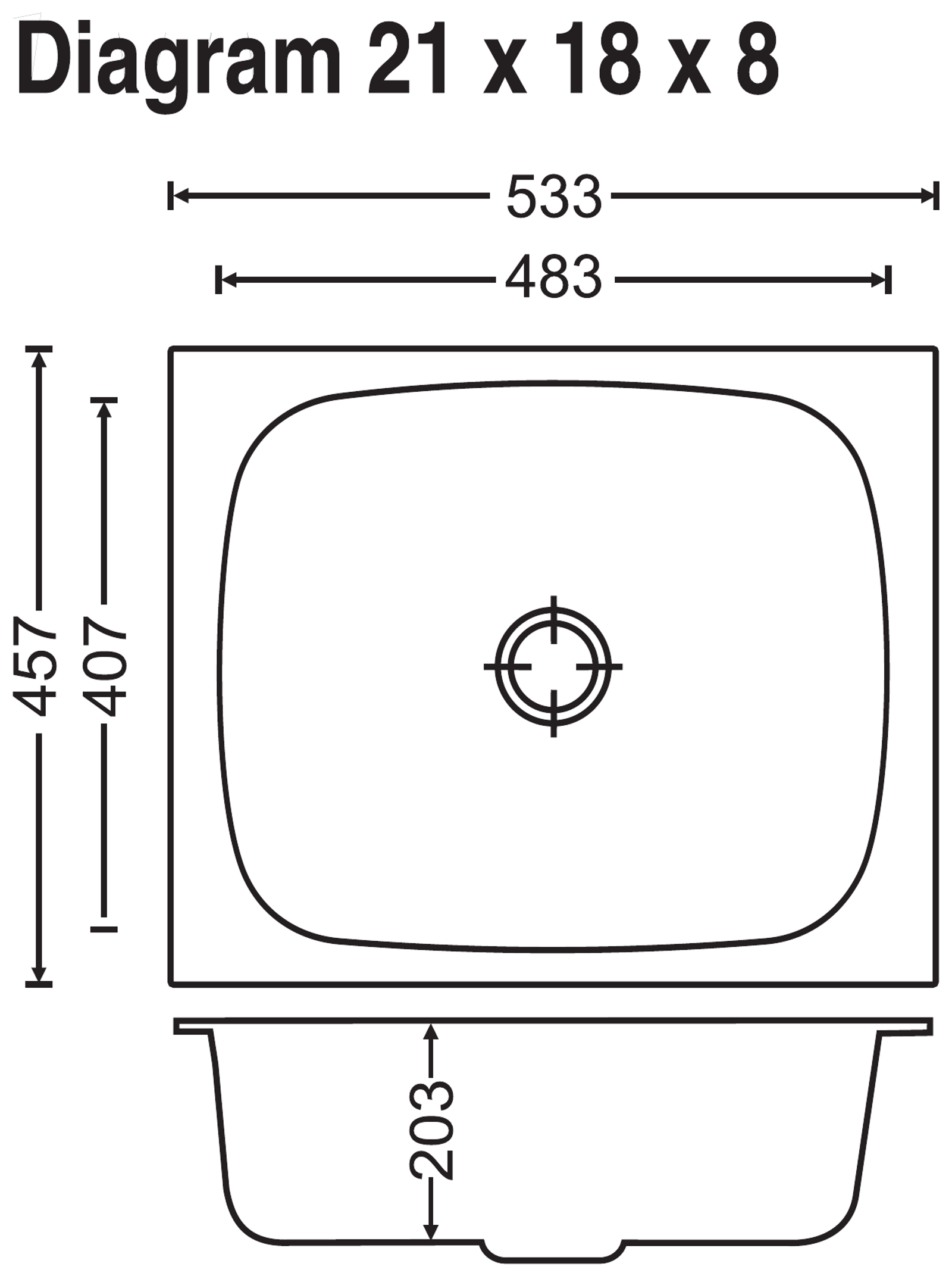 Carysil Elegance Single Bowl 21x18x8 technical drawing