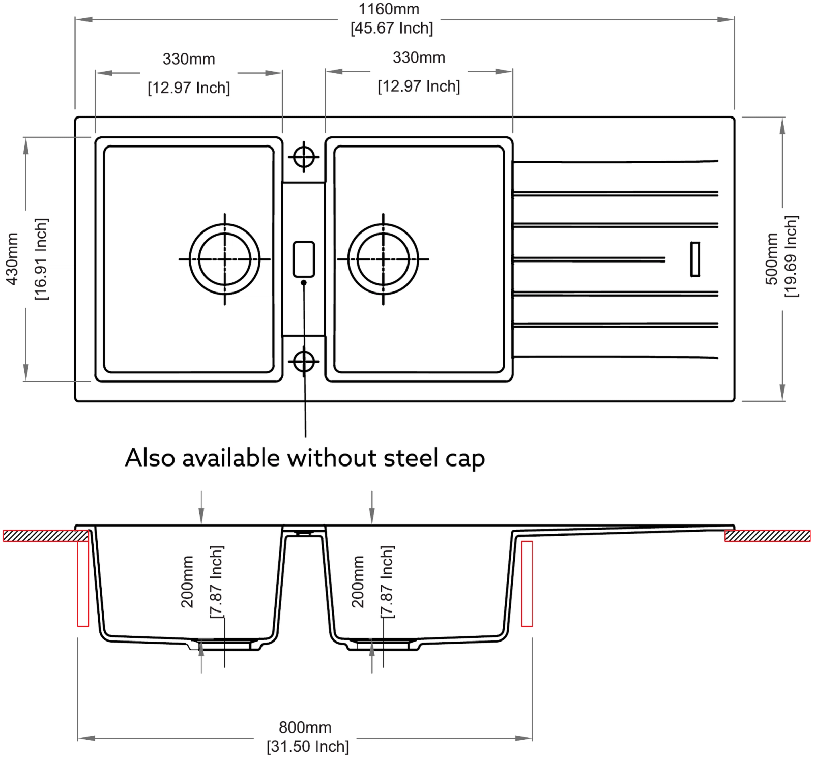 Carysil D200 Tip Toe Double Bowl with Drainer Kitchen Sink technical drawing