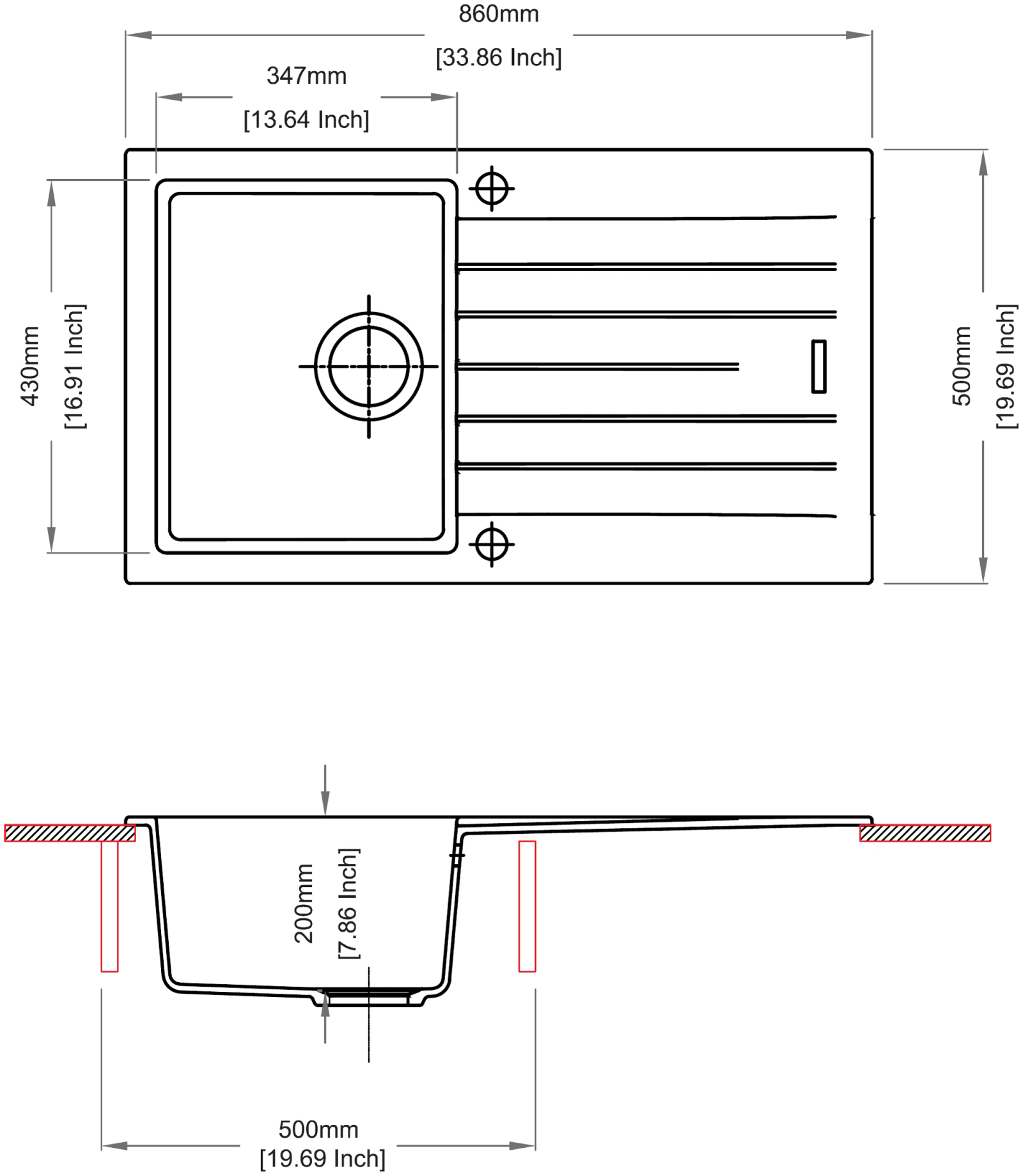 Carysil D100 Tip Toe Single Bowl with Drainer Kitchen Sink technical drawing