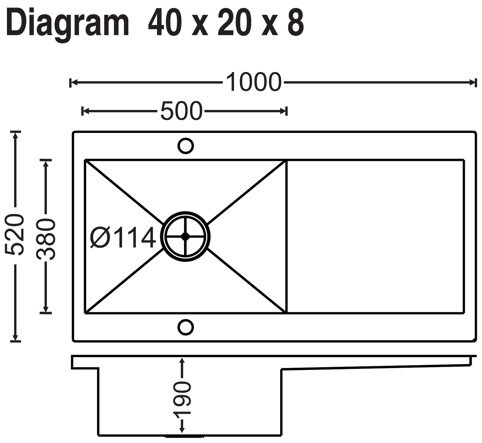 Carysil Rege Single Bowl With Drainer 40x20x8 technical drawing