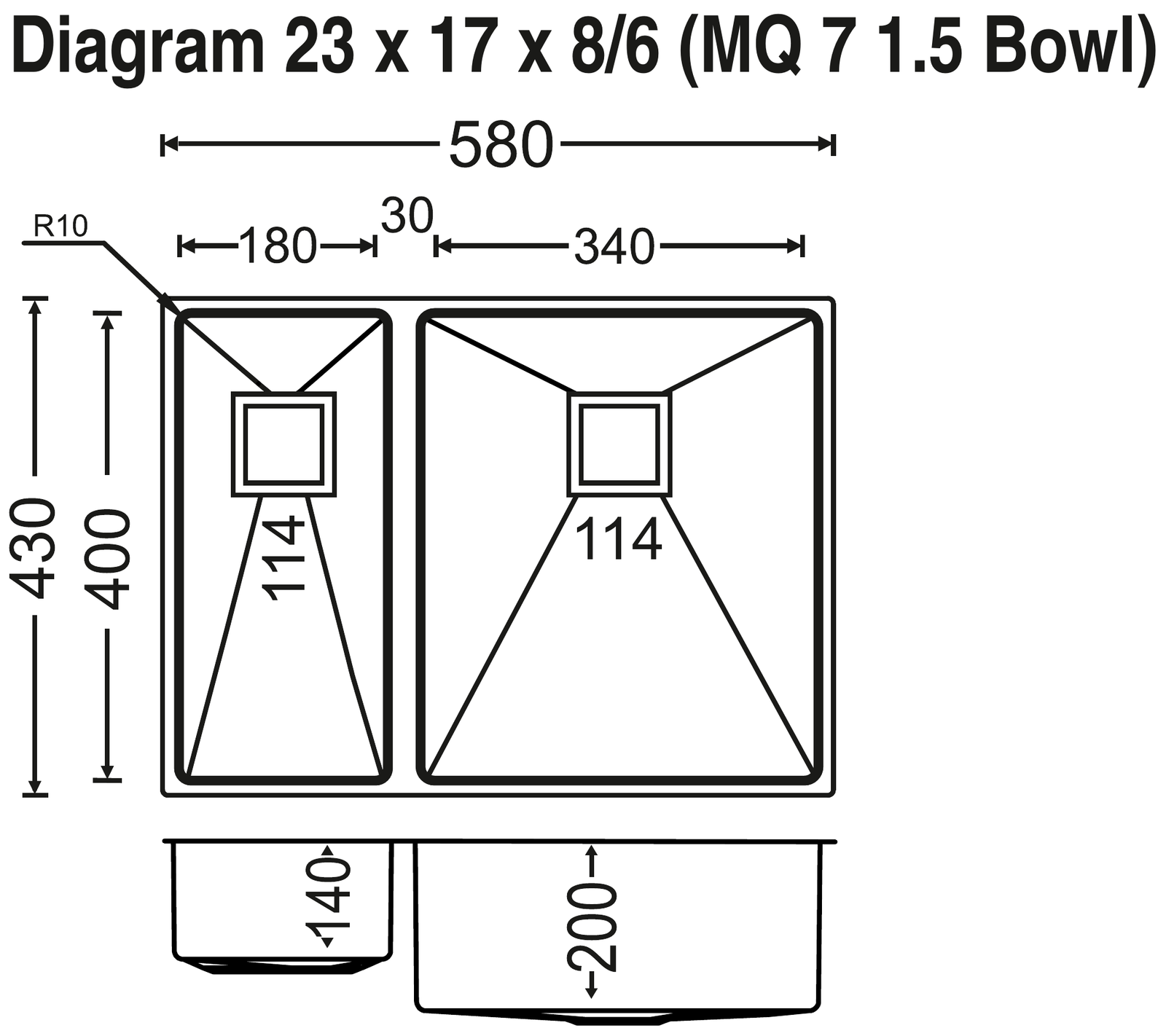 Carysil Micro Radius R10 One and Half Bowl and Double Bowl 23x17x8/6 technical drawing