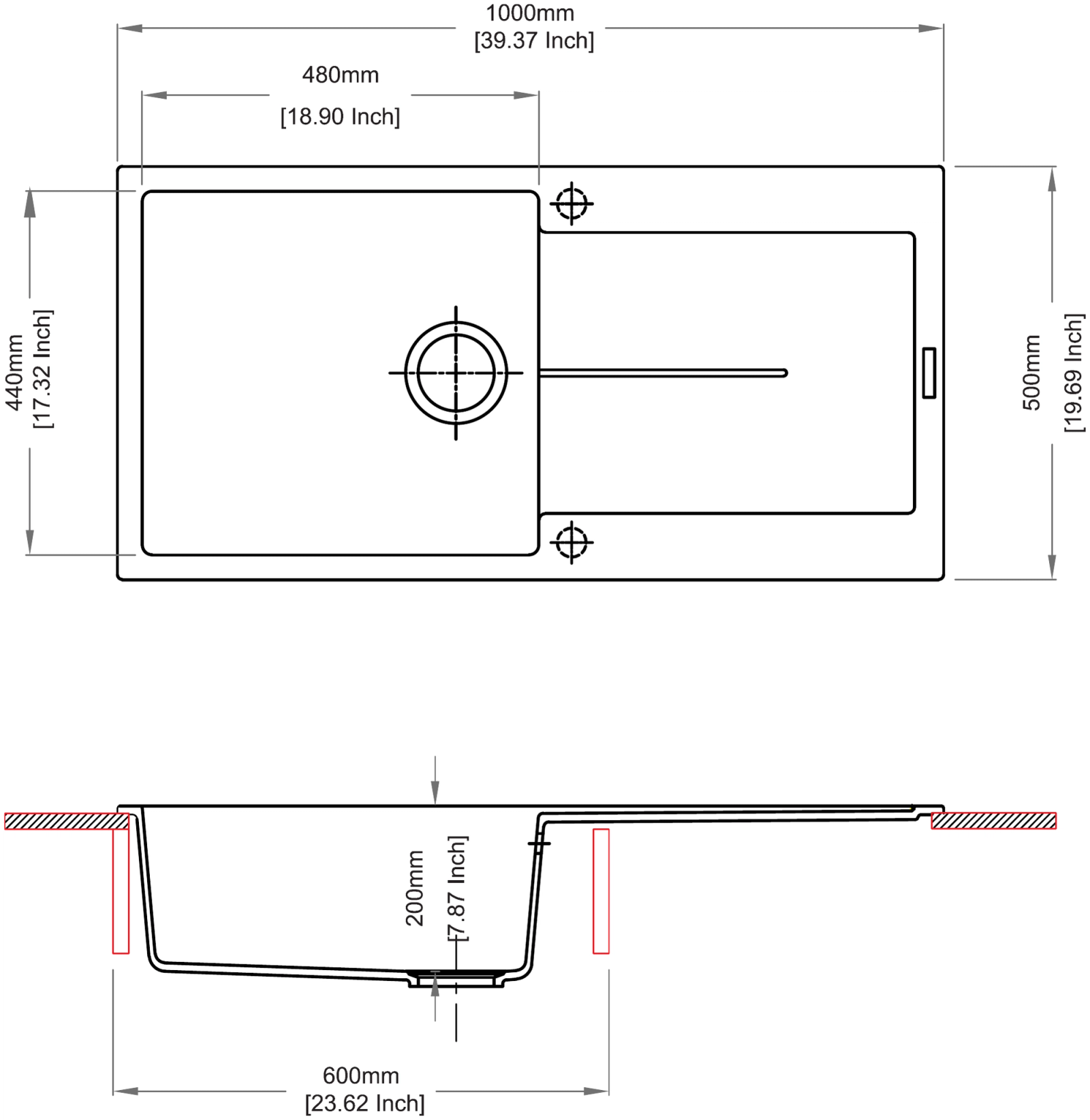 Carysil D100L Enigma Single Bowl with Drainer Kitchen sink technical drawing