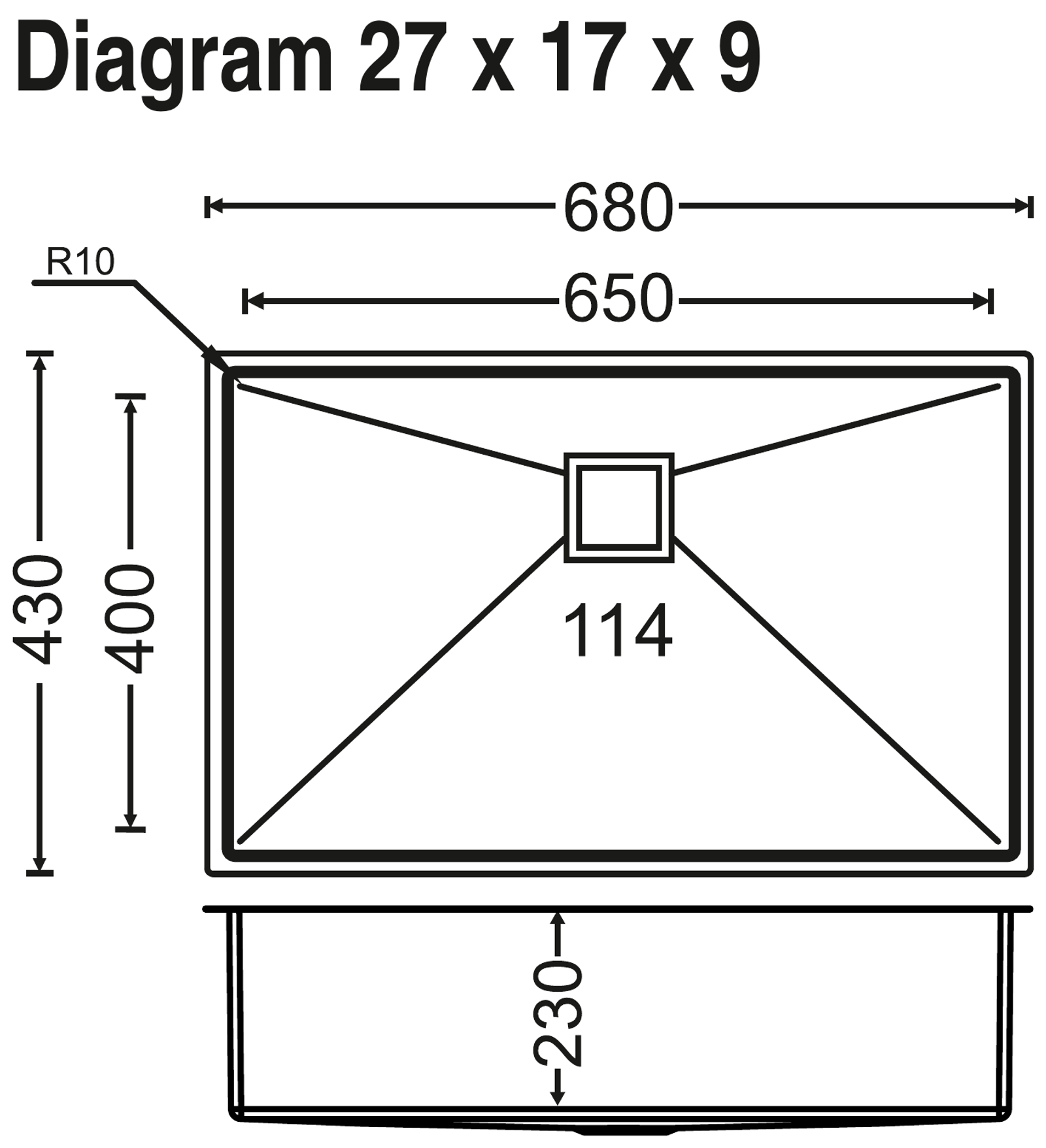 Carysil Micro Radius R10 Single Bowl 27x17x9 technical drawing