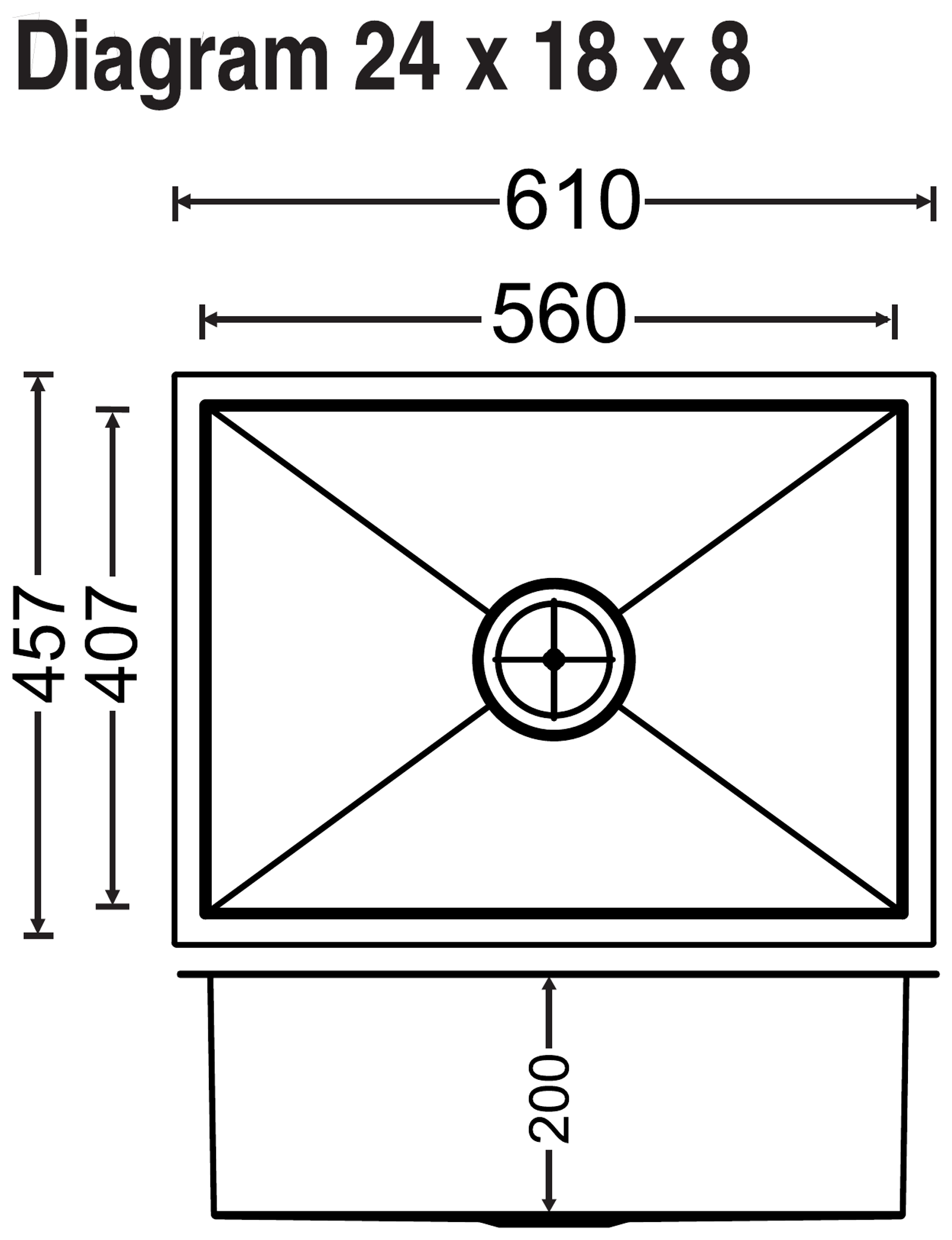 Carysil Quadro Q10 Single Bowl 24x18x8 technical drawing