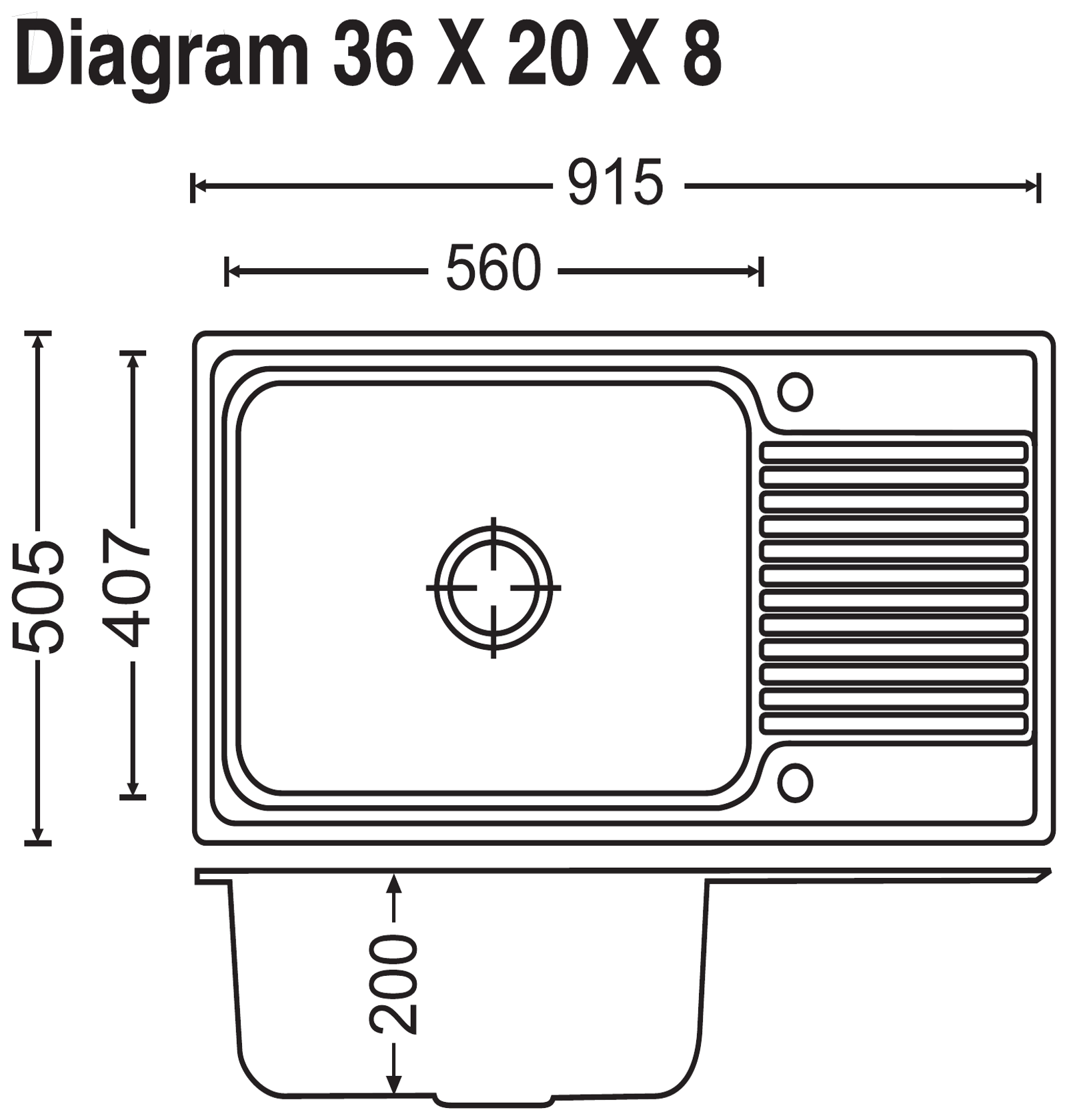 Carysil Vogue Single Bowl With Drainer 36x20x8 technical drawing