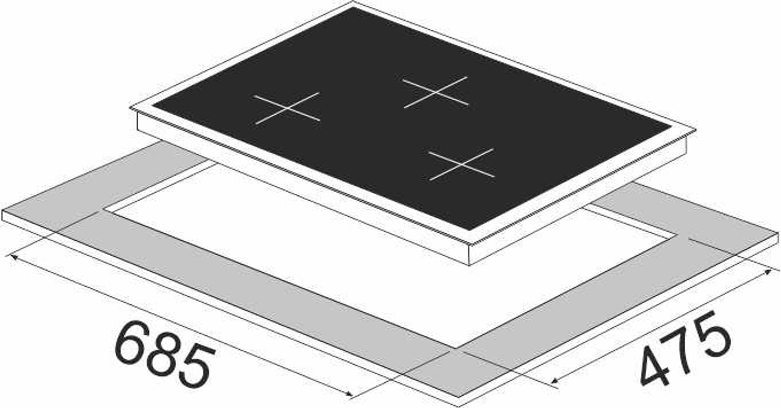 Carysil Sapphire 78cm Built-in Glass Hob, 3 Brass Burner technical drawing
