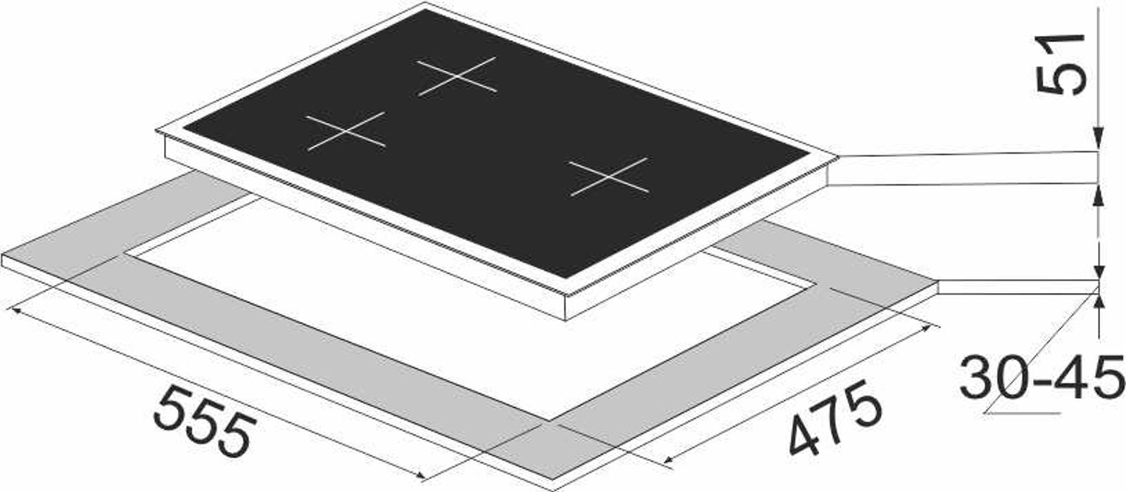 Carysil Bravo 60cm Built-in Glass Hob, 3 Brass Burner technical drawing