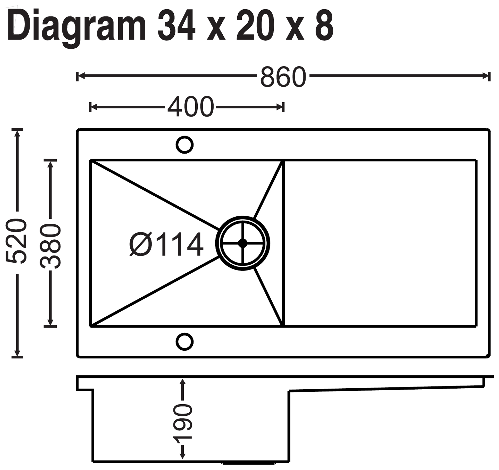 Carysil Rege Single Bowl With Drainer 34x20x8 technical drawing