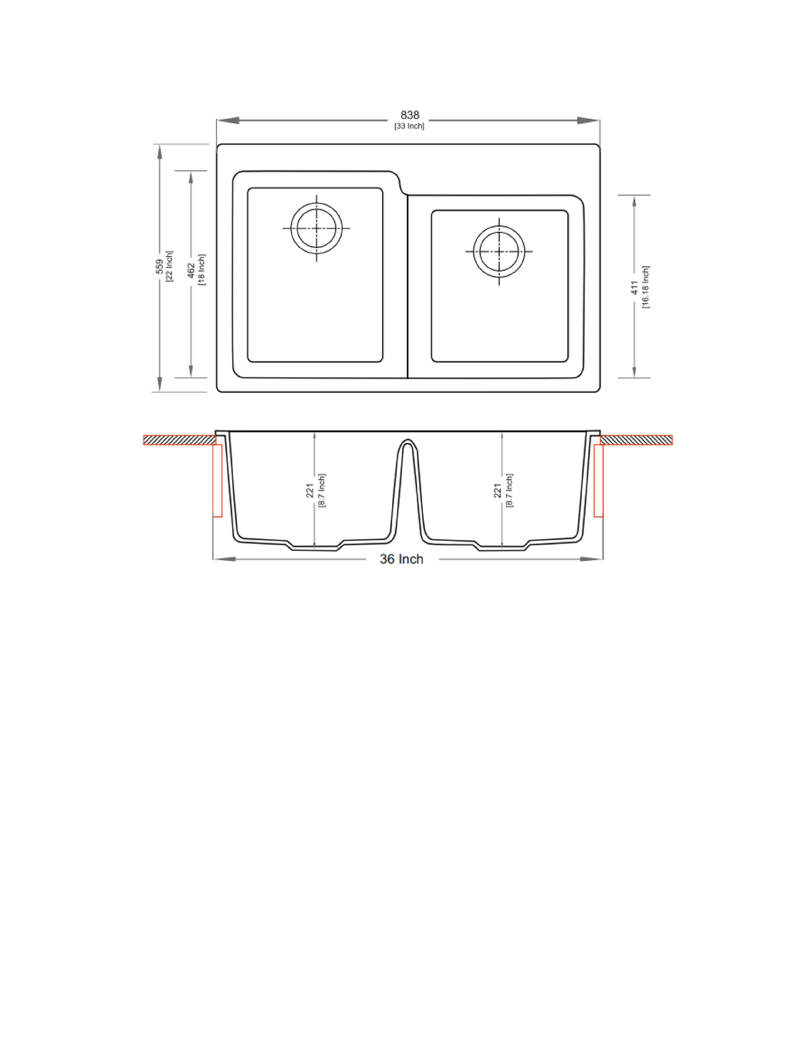 Carysil U 250R Tango Double Bowl Kitchen Sink technical drawing