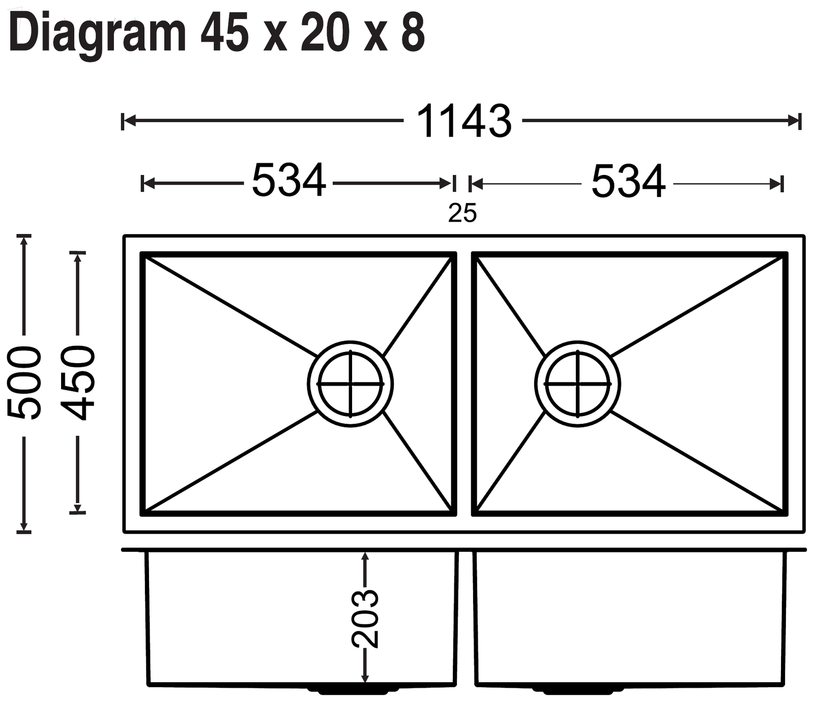 Carysil Quadro Double Bowl 45x20x8 technical drawing