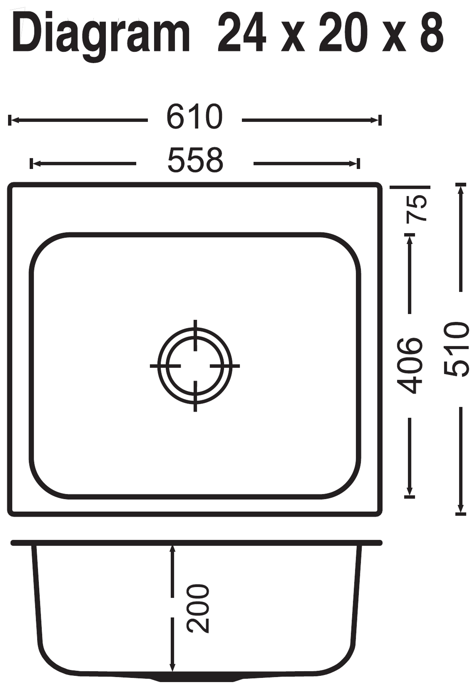 Carysil Elegance Plus Single Bowl 24x20x8 technical drawing