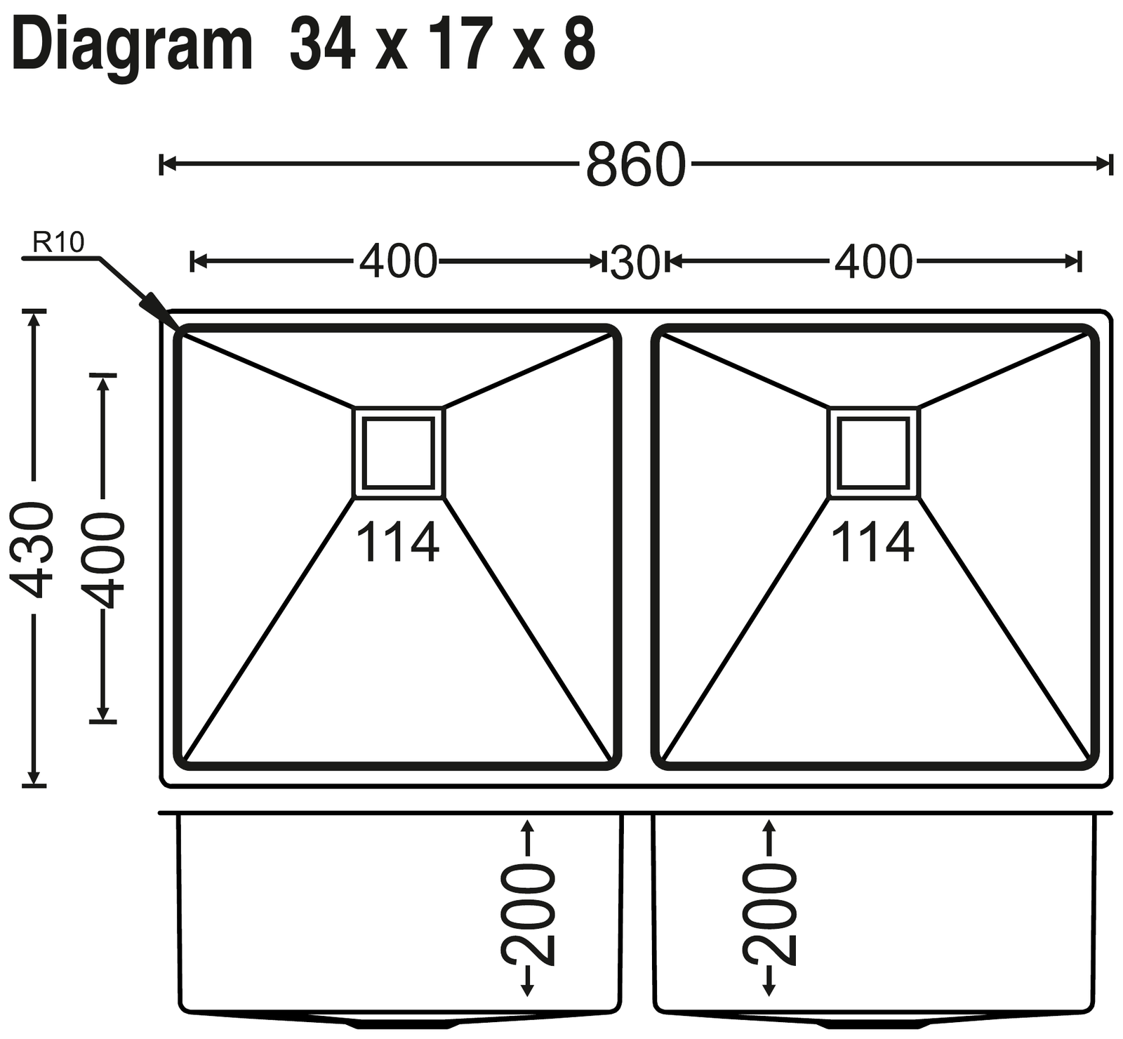 Micro Radius R10 Double Bowl 34x17x8 technical drawing