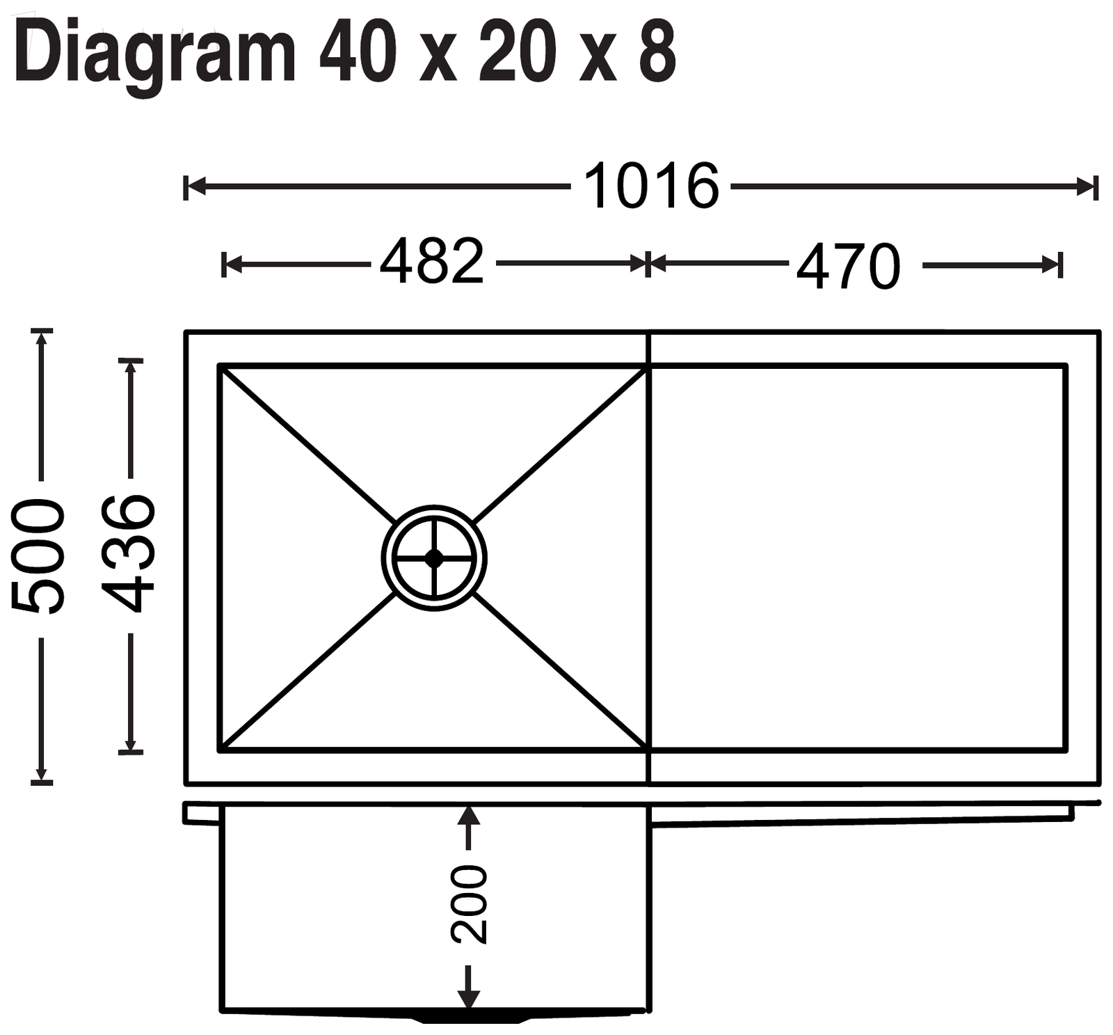 Carysil Quadro Single Bowl with Drainer 40x20x8 technical drawing