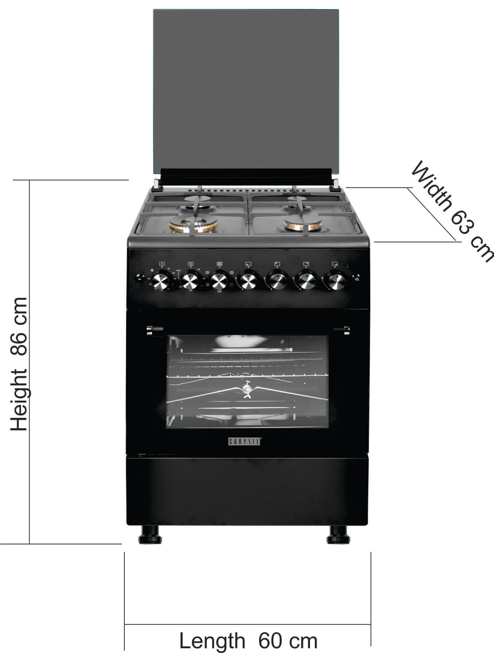 Carysil Free-Standing Cooking Range FSCR-04, 62L Electric Oven, 4 High-Power Italian SABAF Burners, Cast Iron Support, Digital Timer, Cooking, Baking, Grilling & Roasting, Stainless Steel Body, Black