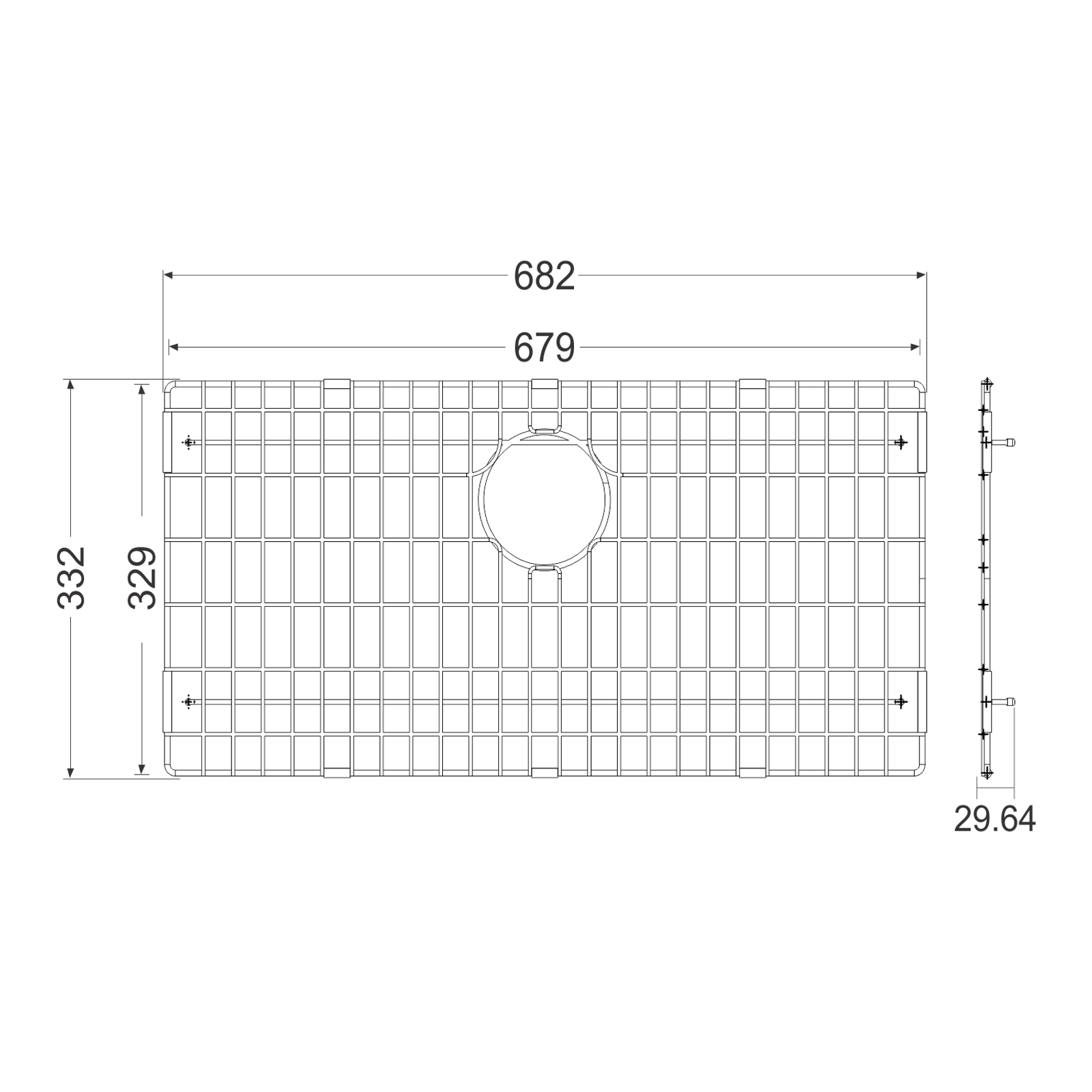Carysil Wire Grid for Kitchen Sink, 304-Grade Stainless Steel, Metal Dish Drying Rack, Self Draining, Prevents Sliding, Kitchen Sink Accessories, 33.2×68.2×2.96 cm technical drawing