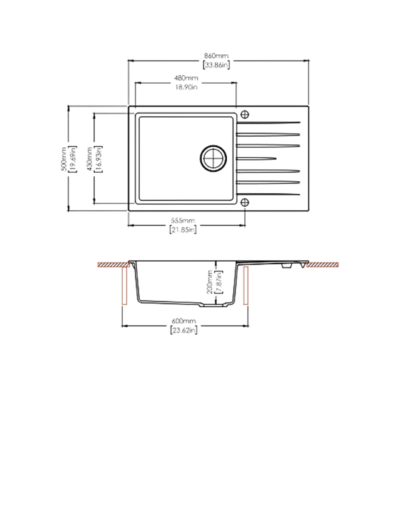 Carysil D100B Tip Toe Single Bowl with Drainer Kitchen sink technical drawing