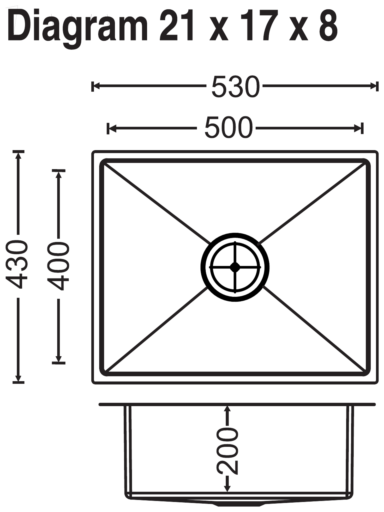 Carysil Quadro Q10 Single Bowl 21x17x8 technical drawing