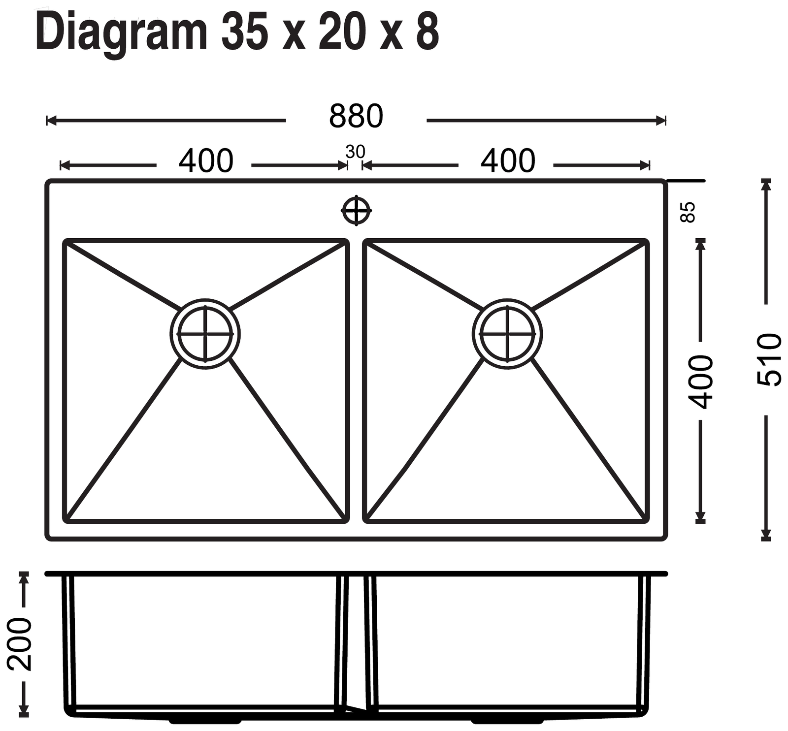 Carysil Micro Radius Waltz One and Half and Two Bowl 35x20x8 technical drawing