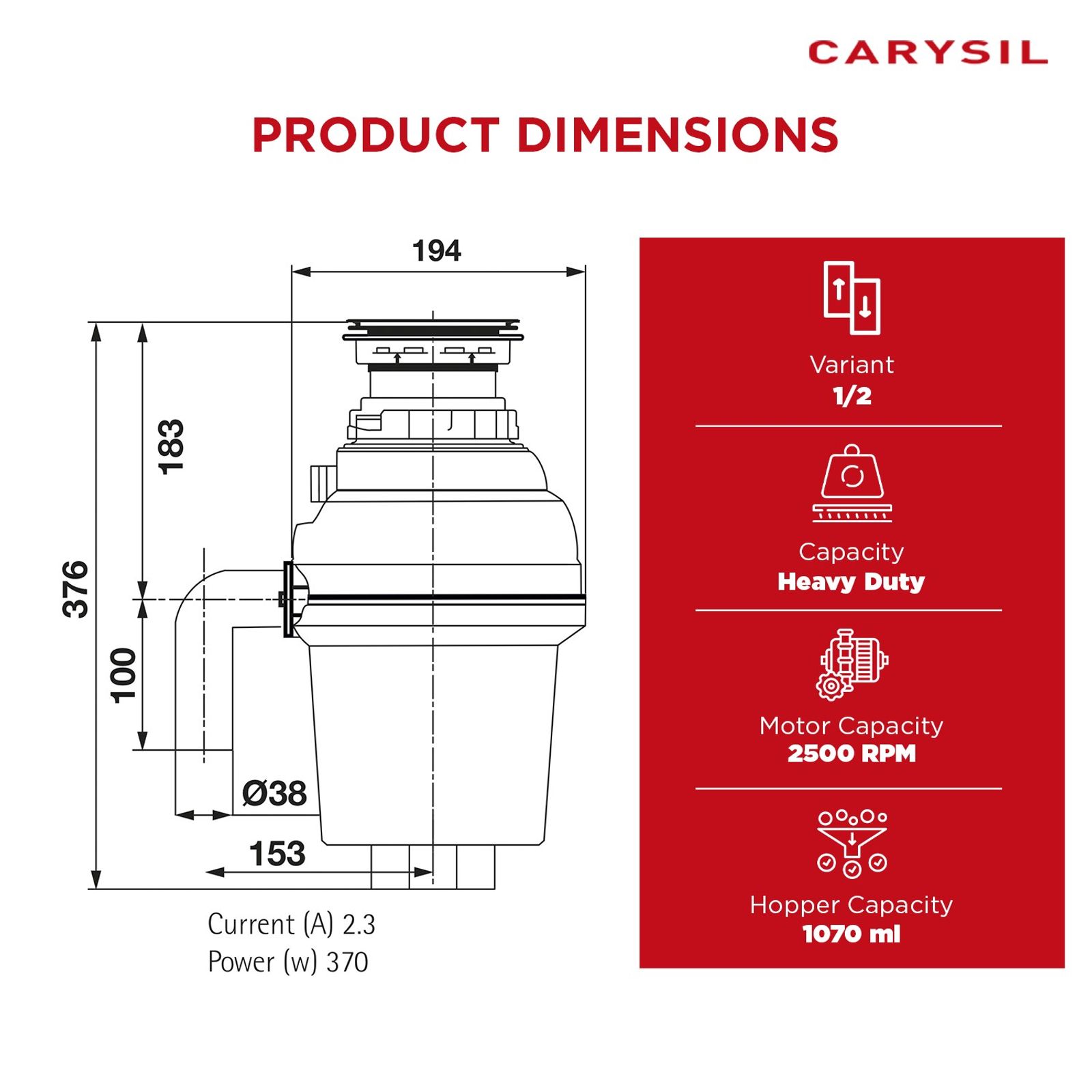 Food Waste Disposer 1-2 HP Heavy Duty