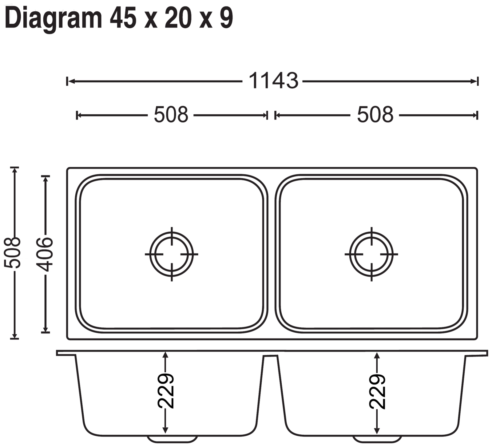 Carysil Elegance Double Bowl 45x20x9 technical drawing
