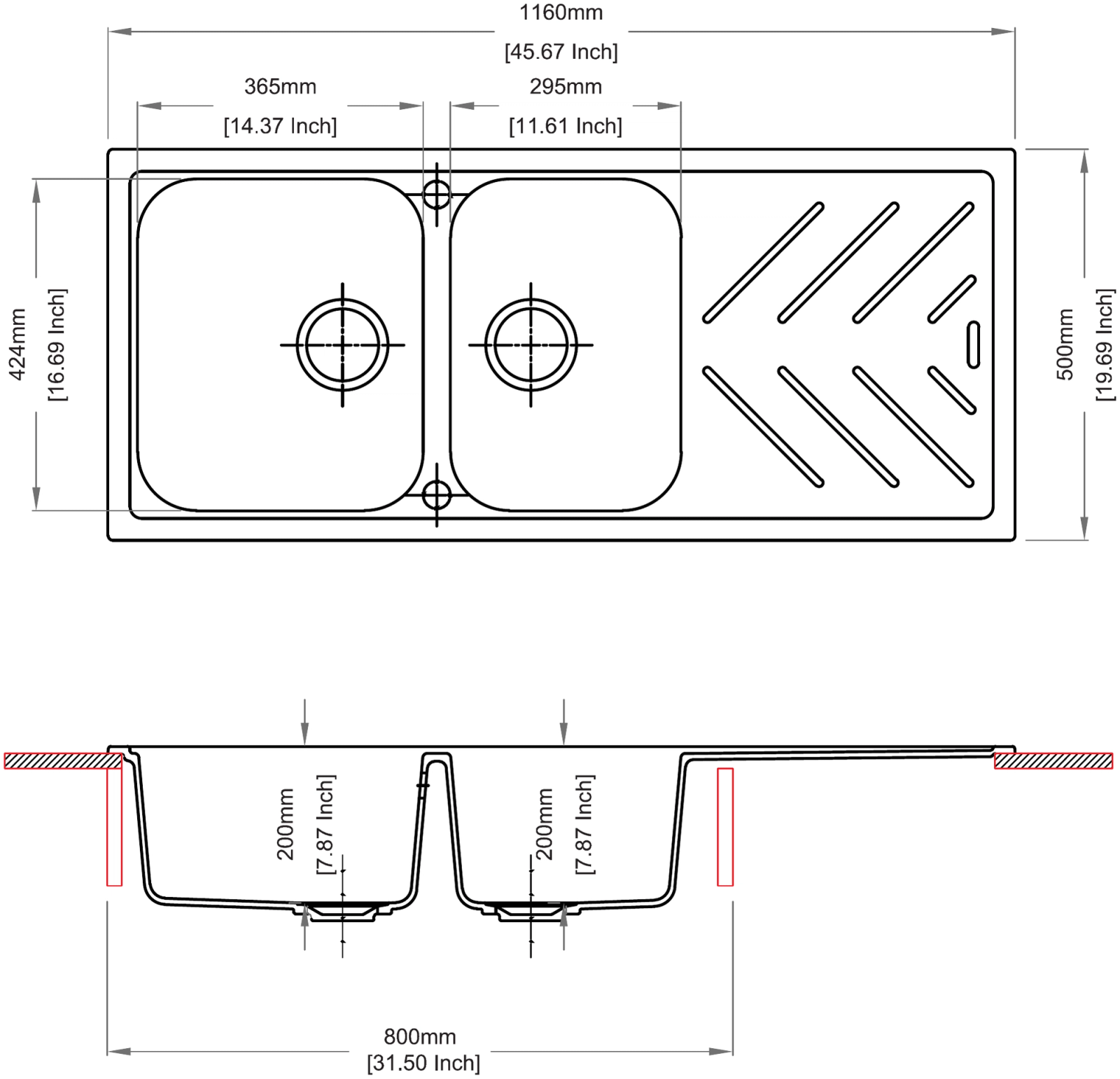 Carysil D200 New Beethoven Two Bowl with Drainer Kitchen Sink technical drawing
