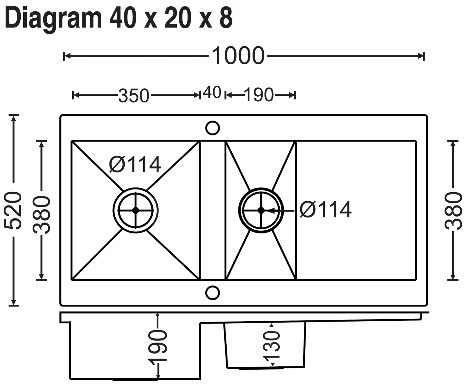 Carysil Rege One and Half and Double Bowl with Drainer 40x20x8 technical drawing
