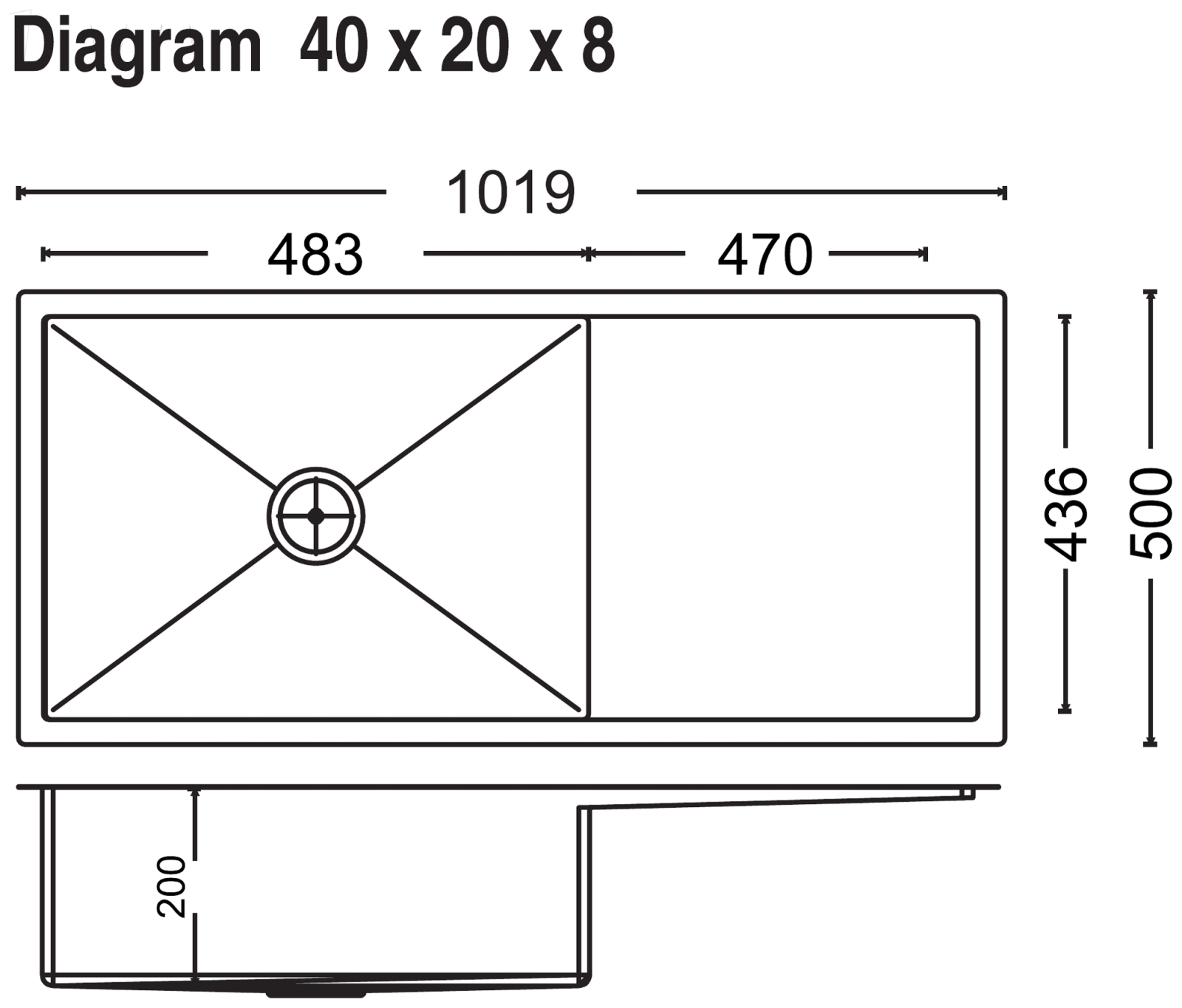 Carysil Micro Radius R10 Single Bowl with Drainer 40x20x8 technical drawing