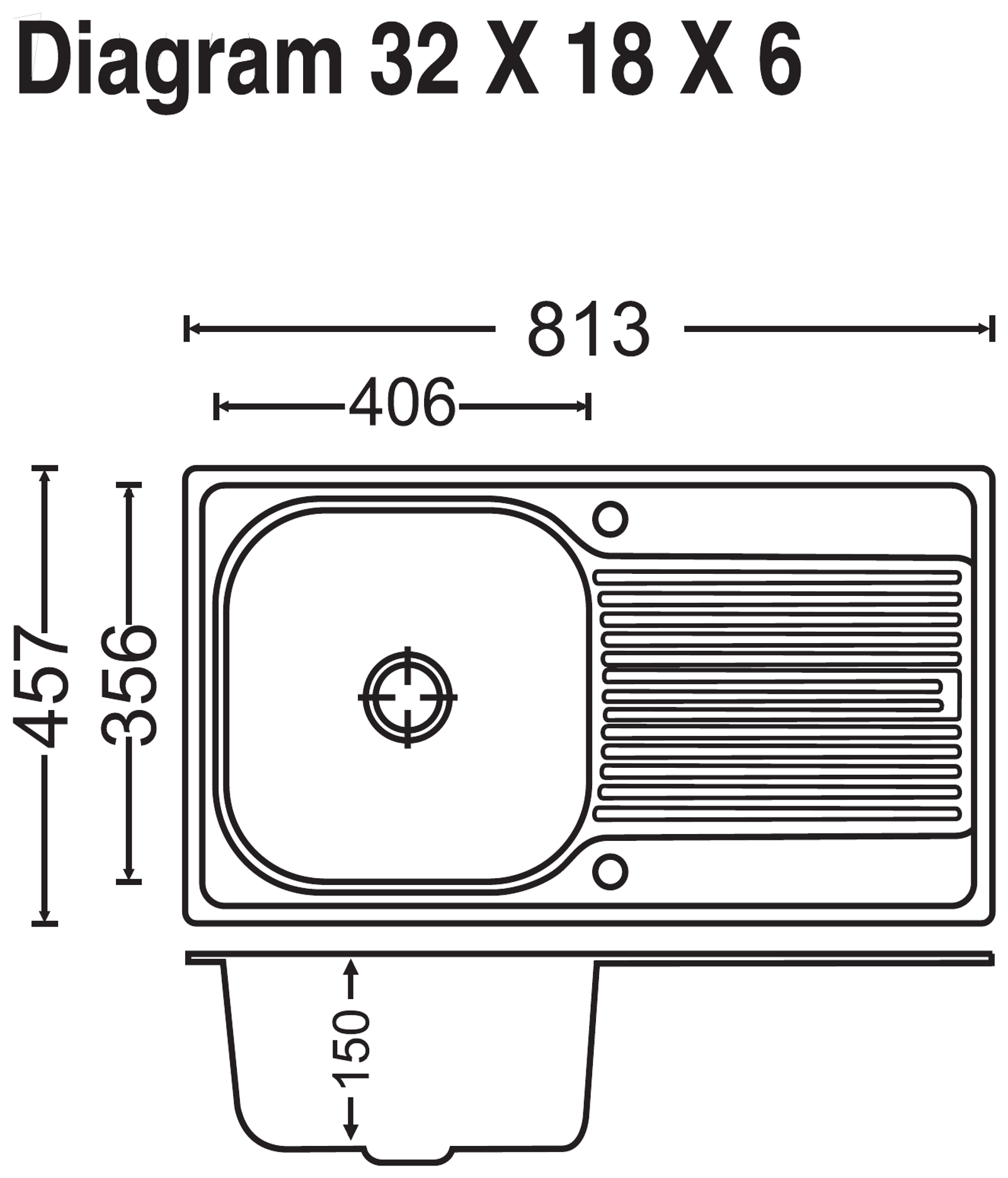 Carysil Vogue Single Bowl With Drainer 32x18x7 technical drawing