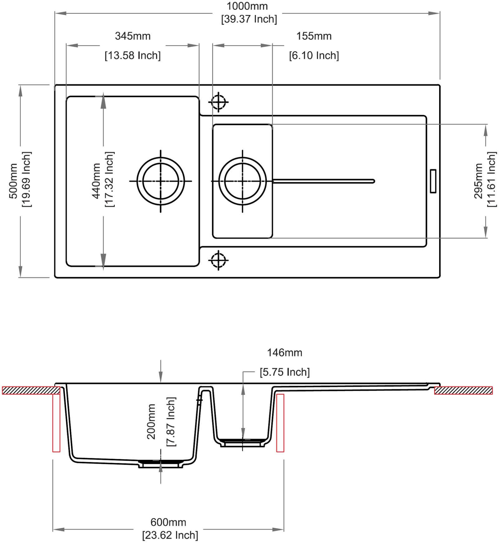 Carysil D150 Enigma Single Bowl with Drainer Kitchen Sink technical drawing