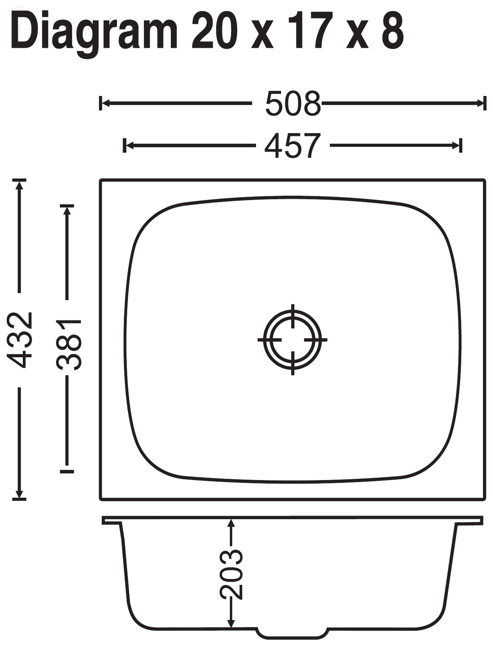 Carysil Elegance Single Bowl 20x17x8 technical drawing