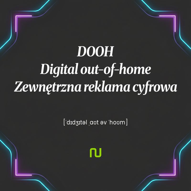 Neonowy napis DOOH i Zewnętrzna reklama cyfrowa wraz z transkrypcją fonetyczną świecą na tle cyfrowej sztukaterii.