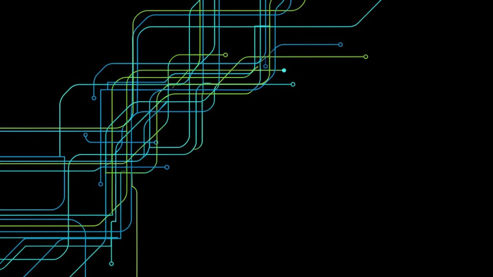Meandrujące linie cyfrowe łączą ekrany w sieć reklamy DOOH na czarnym tle, tworząc spójny system komunikacji Digital Out-of-Home..