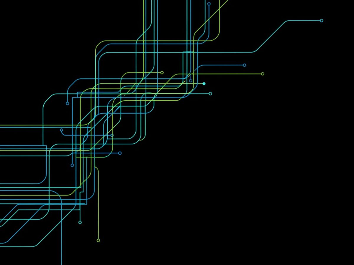 Meandrujące linie cyfrowe łączą ekrany w sieć reklamy DOOH na czarnym tle, tworząc spójny system komunikacji Digital Out-of-Home..