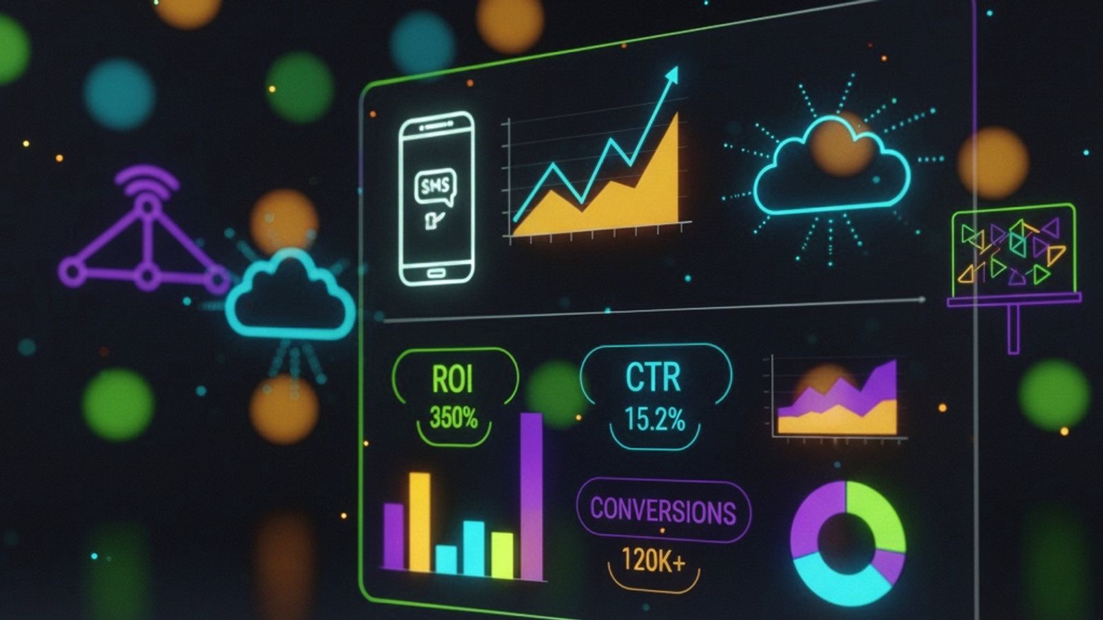 Zaawansowany marketing cyfrowy opiera się na danych. Wizualizacja przedstawia proces monitorowania efektywności kampanii digital marketingu poprzez analizę wskaźników takich jak zwrot z inwestycji (ROI) oraz współczynnik klikalności (CTR).