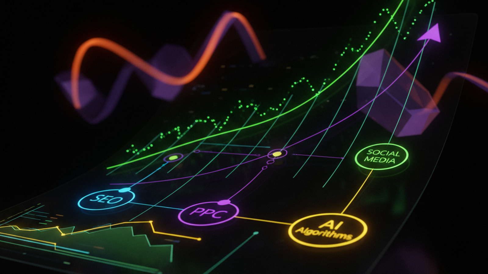 Futurystyczny hologram wykresu marketingu internetowego wizualizuje wzrost kanałów SEO, PPC i AI na ciemnym tle.