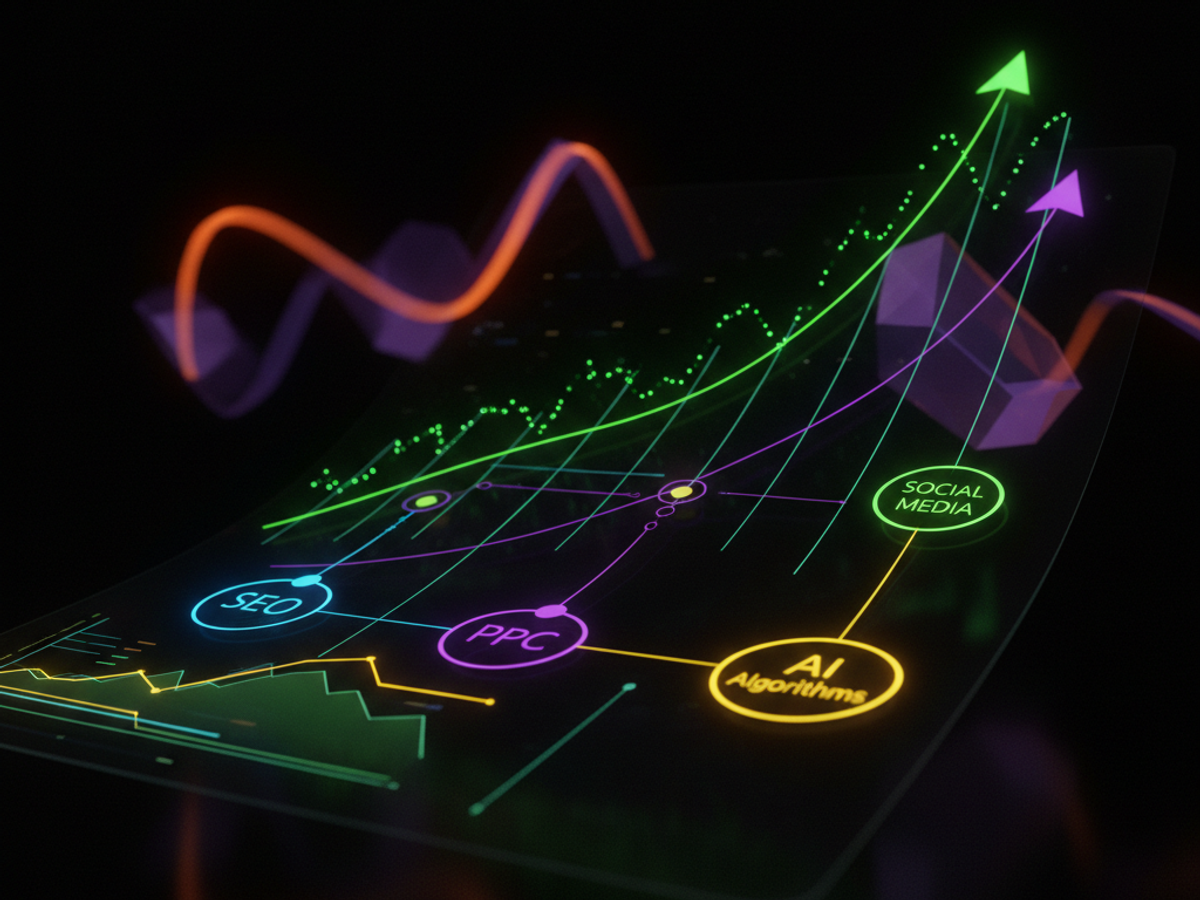 Futurystyczny hologram wykresu marketingu internetowego wizualizuje wzrost kanałów SEO, PPC i AI na ciemnym tle.