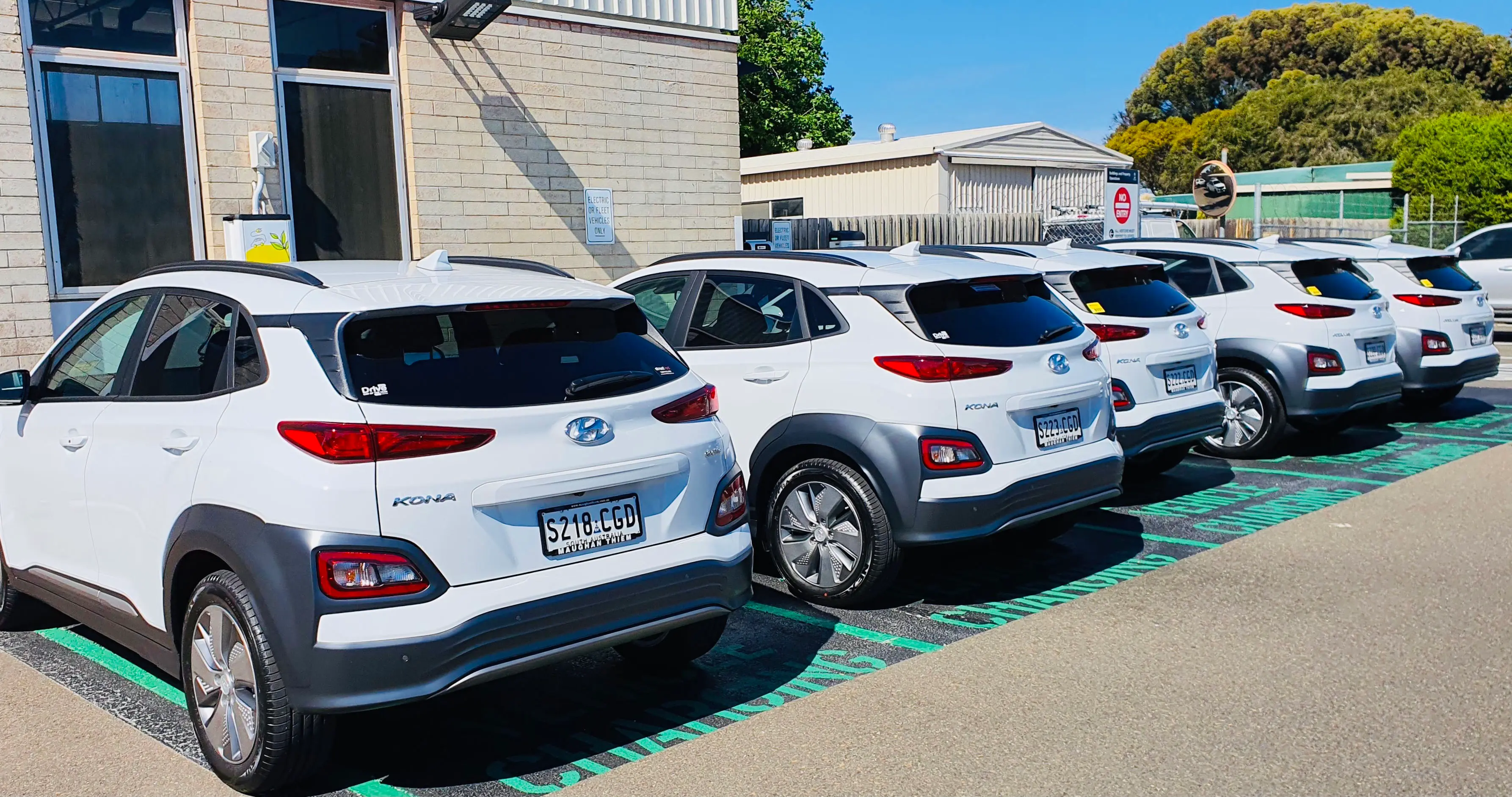 Line of 5 electric vehicles parked
