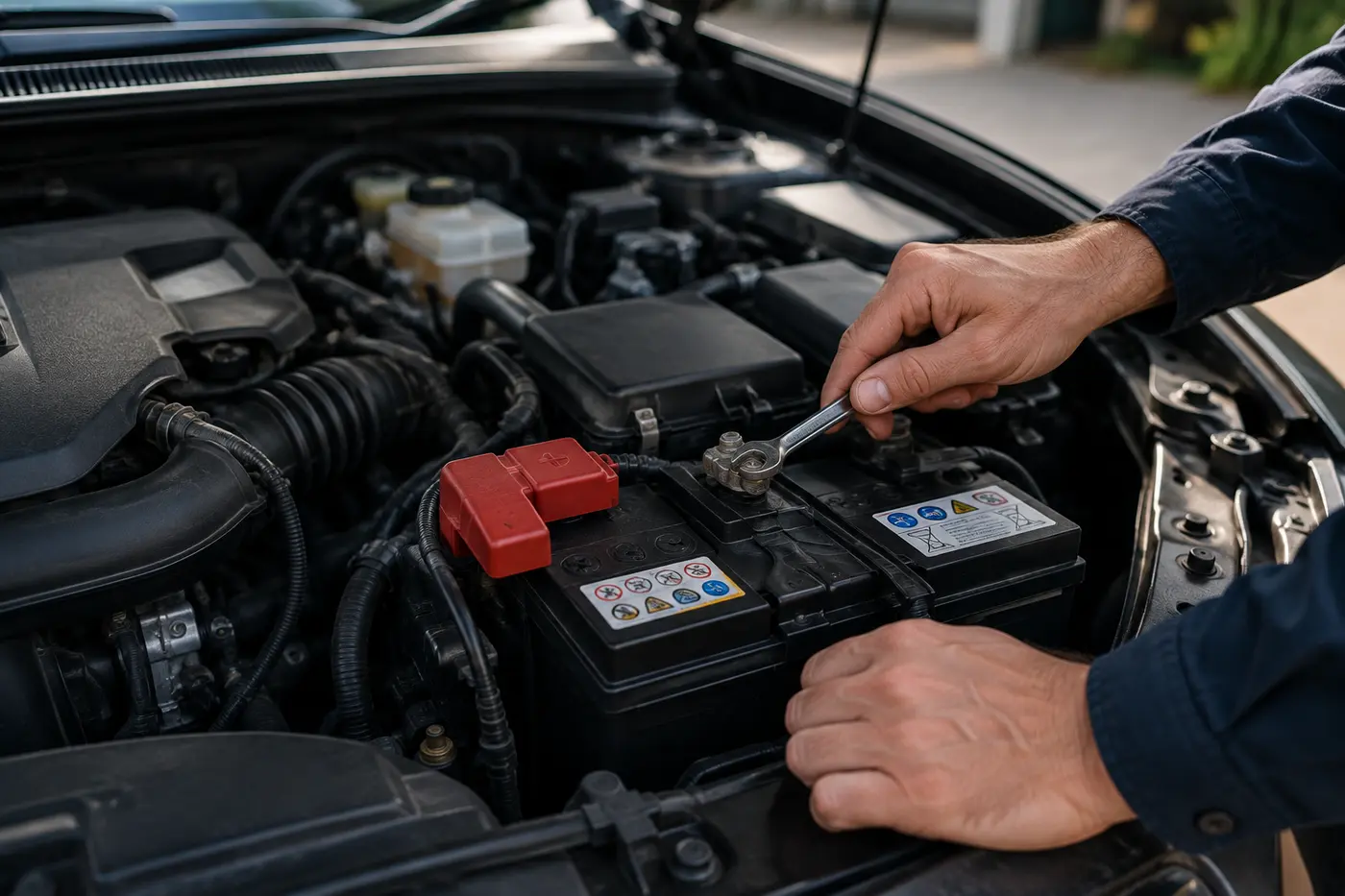 Mechanic Tightening Car Battery Terminal
