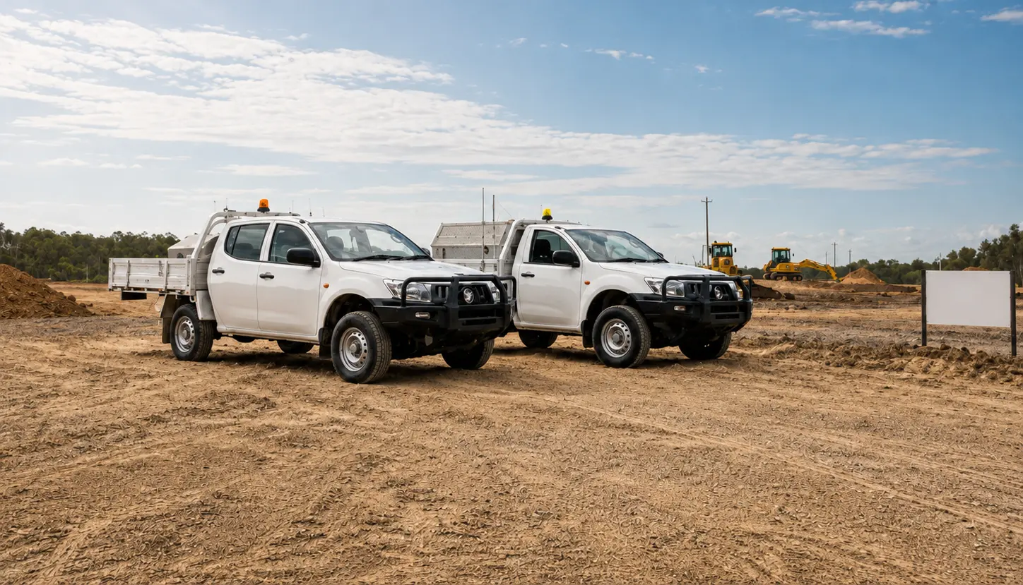 White Utility Trucks at a Construction Site