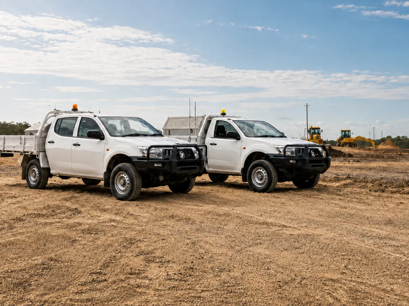White Utility Trucks at a Construction Site
