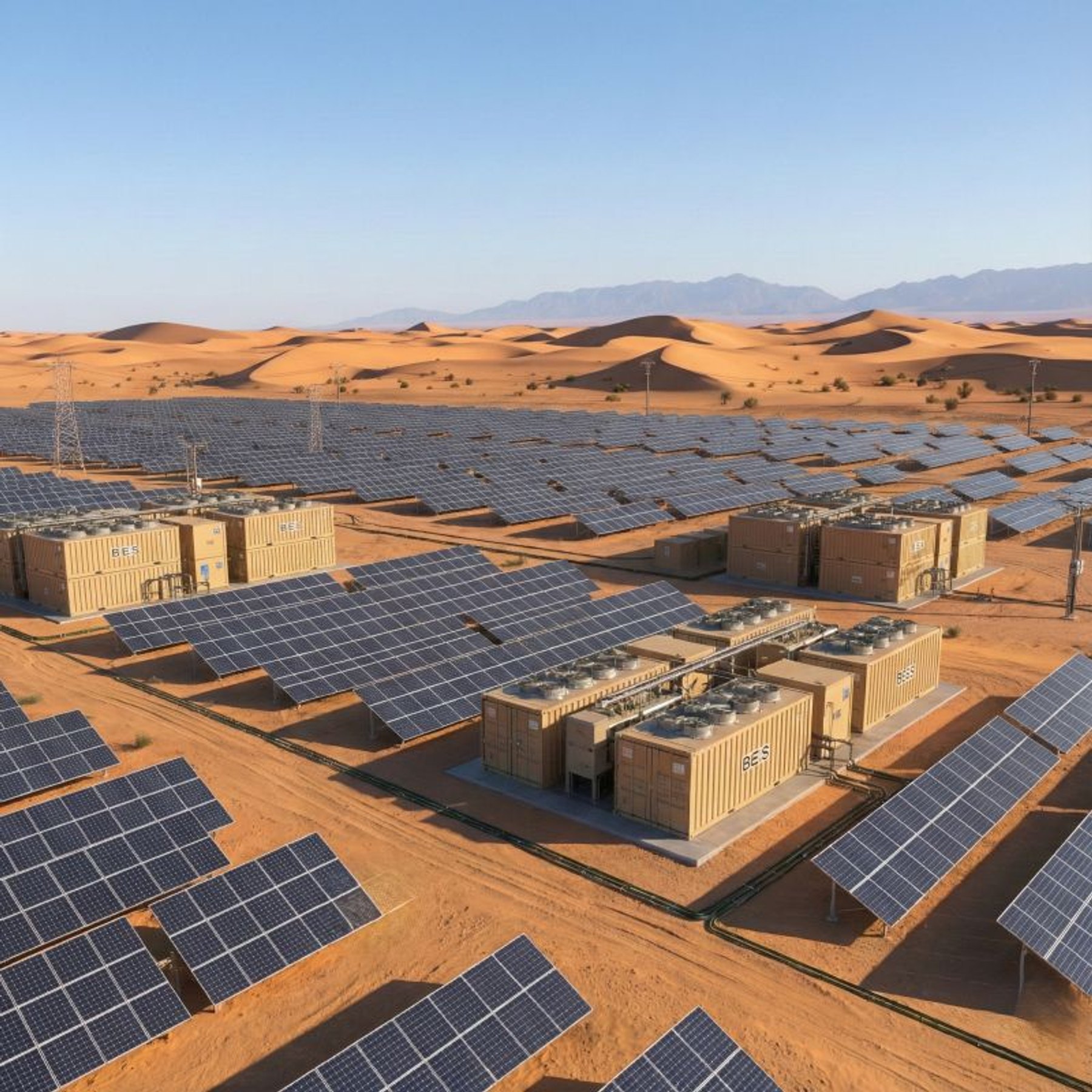 Solar and battery infrastructure in arid landscape