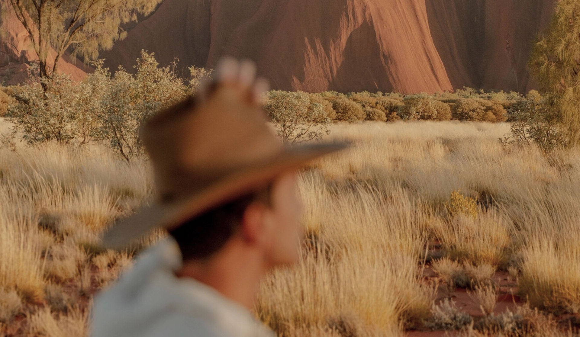 A traveller in a wide-brimmed hat looks across golden outback grasslands