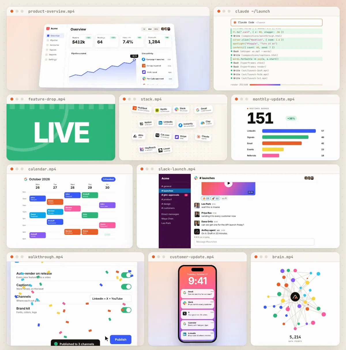 Ten windows rendered from one HTML file: a 3D product dashboard, Claude Code writing the scenes, kinetic type, a tool wall, a metrics race, a calendar filling, a Slack launch thread, a product walkthrough, phone notifications and a growing graph