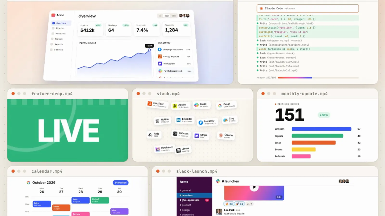 Product videos made from code: a 3D product dashboard, Claude Code writing scenes, kinetic type, a tool wall, a metrics race, a calendar and a Slack launch thread, each in its own window.