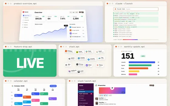 Product videos made from code: a 3D product dashboard, Claude Code writing scenes, kinetic type, a tool wall, a metrics race, a calendar and a Slack launch thread, each in its own window.