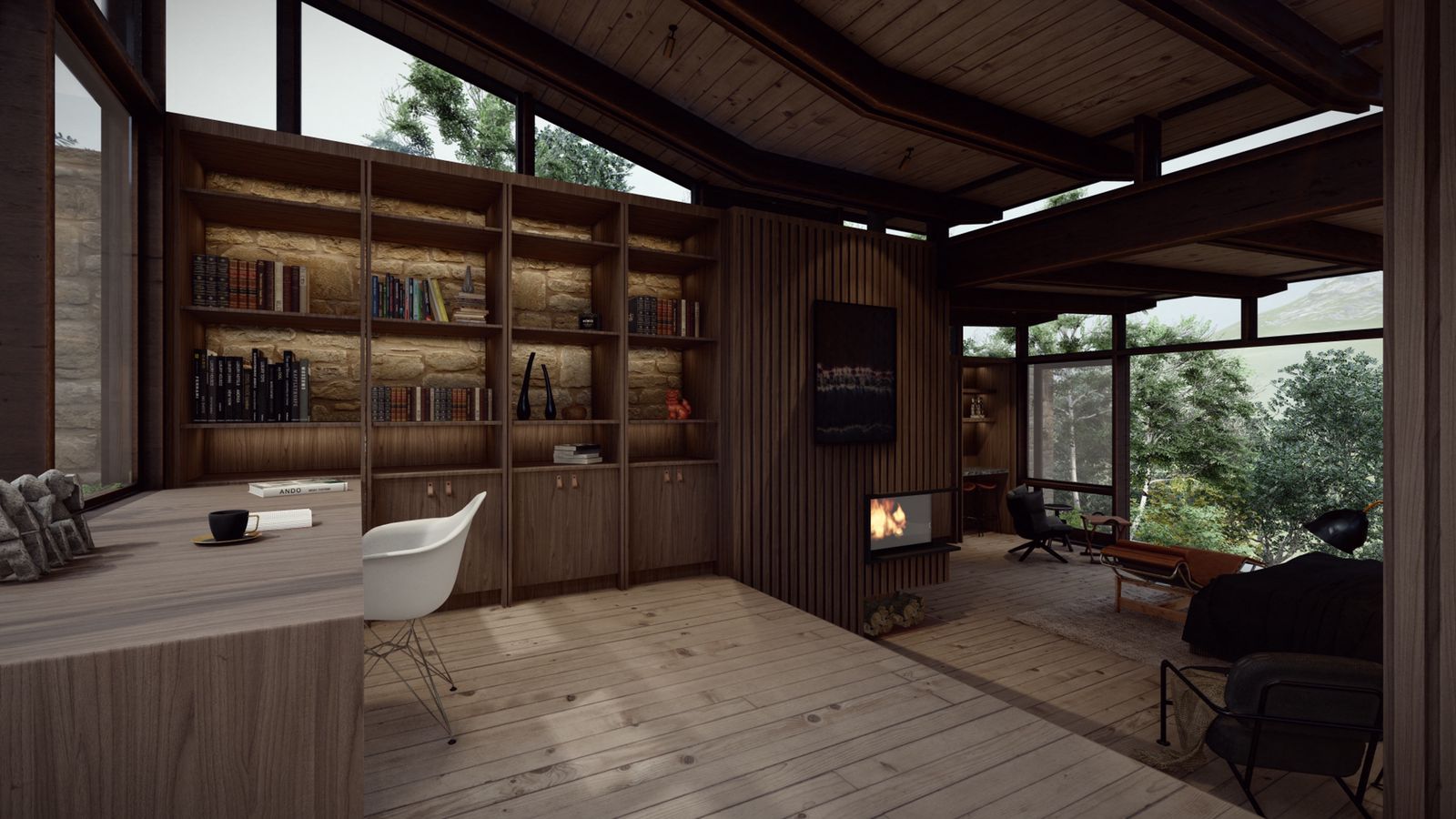 Built-in bookshelves backed by exposed sand-stone wall, lit from below; small fireplace; wood floors; reading lounges to the right