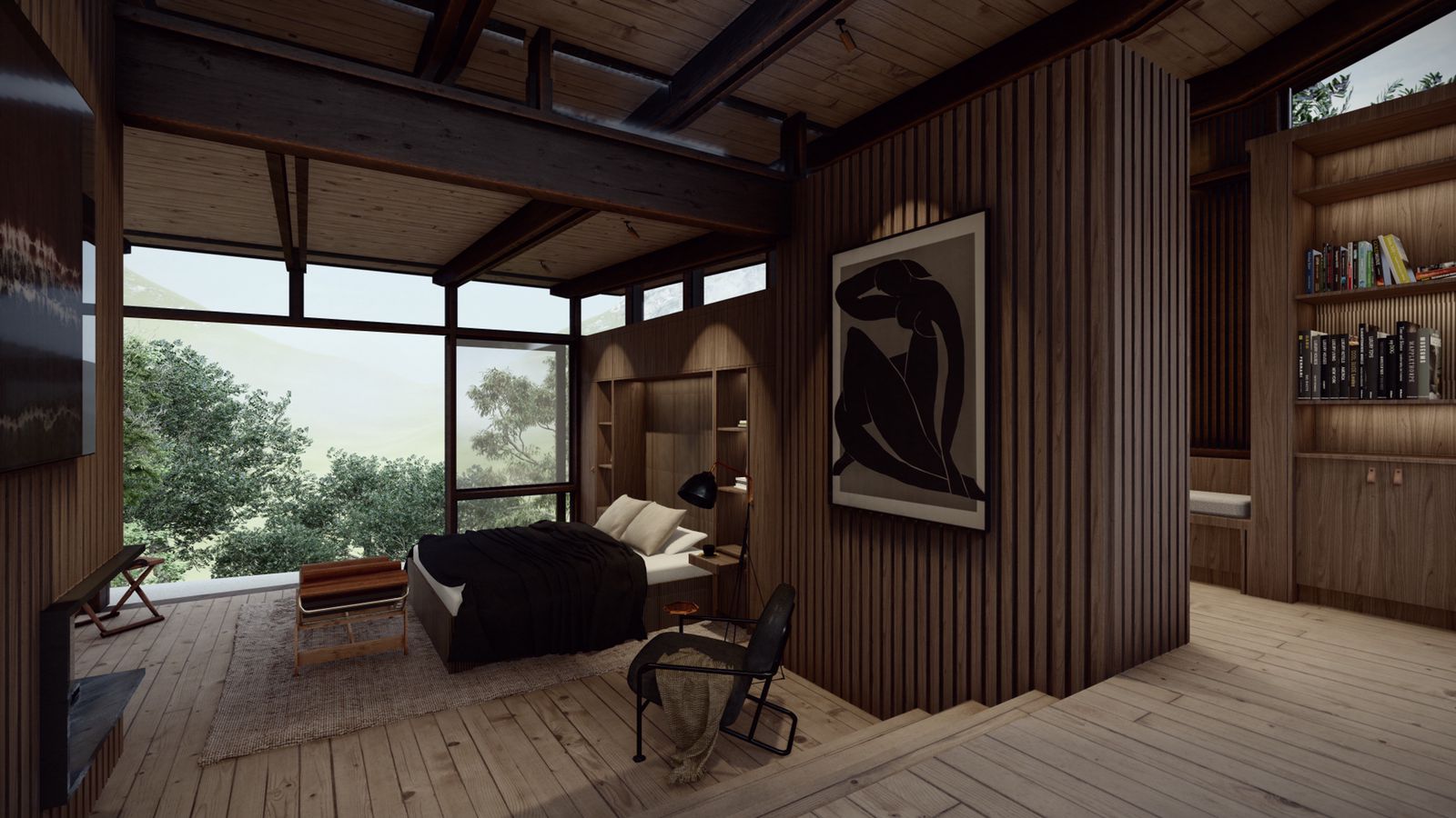 Bedroom with bed, Matisse Blue Nude print on the slatted wood wall, large window to misty greenery, built-in bookshelves to the right