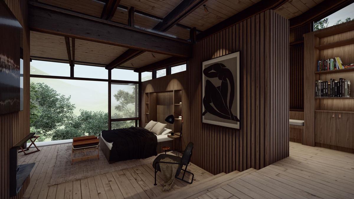 Bedroom with bed, Matisse Blue Nude print on the slatted wood wall, large window to misty greenery, built-in bookshelves to the right