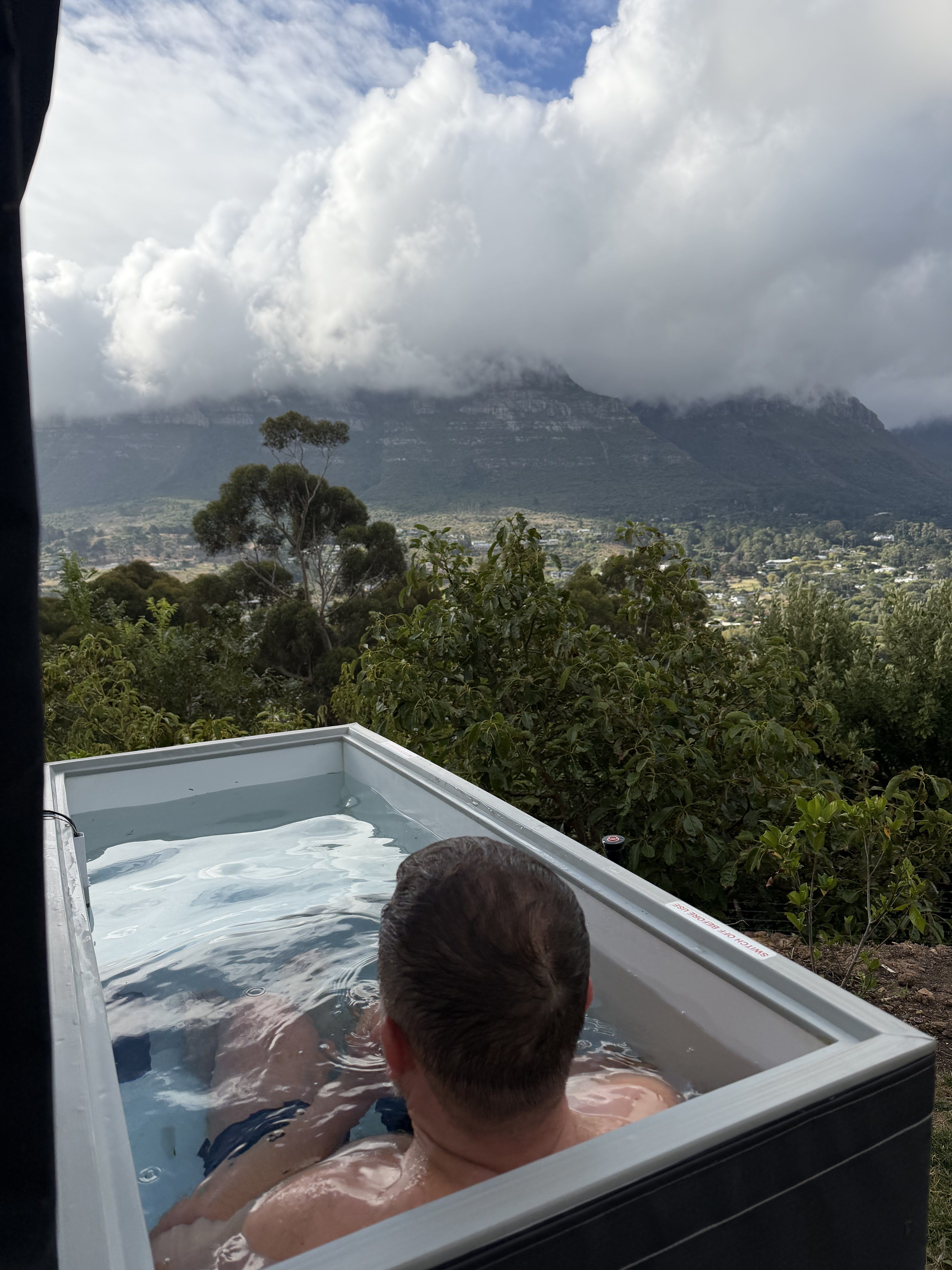 Cold plunge tank with clear glass walls, a guest submerged to the shoulders, looking out across the fynbos slope to a cloud-shrouded mountain ridge