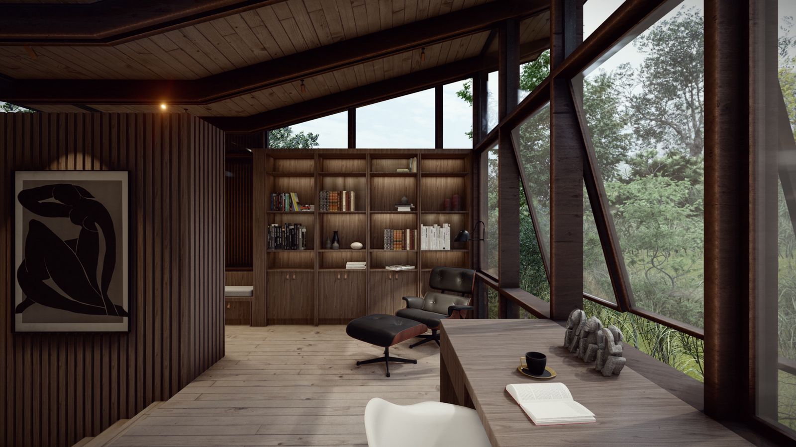 The desk with white Eames-style chair facing an open book and coffee cup; Eames lounge and ottoman; built-in bookshelves; floor-to-ceiling angled glass wall to fynbos